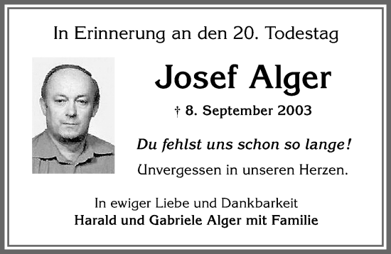 Traueranzeige von Josef Alger von Allgäuer Zeitung, Kaufbeuren/Buchloe