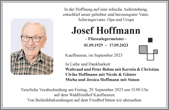 Traueranzeige von Josef Hoffmann von Allgäuer Zeitung, Kaufbeuren/Buchloe