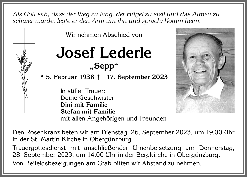  Traueranzeige für Josef Lederle vom 23.09.2023 aus Allgäuer Zeitung, Marktoberdorf