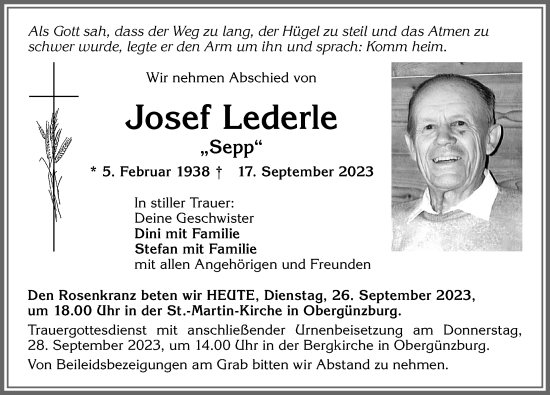 Traueranzeige von Josef Lederle von Allgäuer Zeitung, Marktoberdorf
