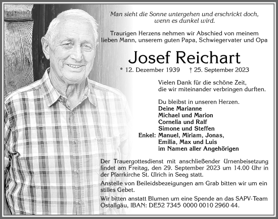 Traueranzeige von Josef Reichart von Allgäuer Zeitung, Füssen