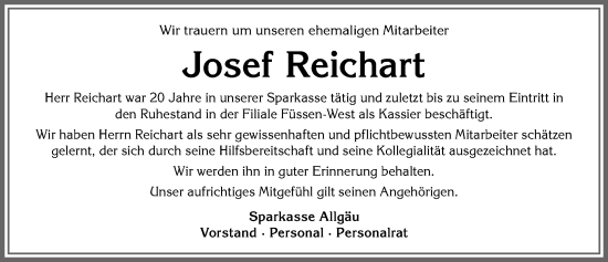 Traueranzeige von Josef Reichart von Allgäuer Zeitung, Füssen