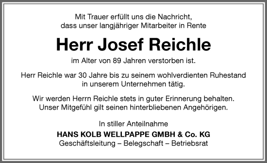 Traueranzeige von Josef Reichle von Memminger Zeitung