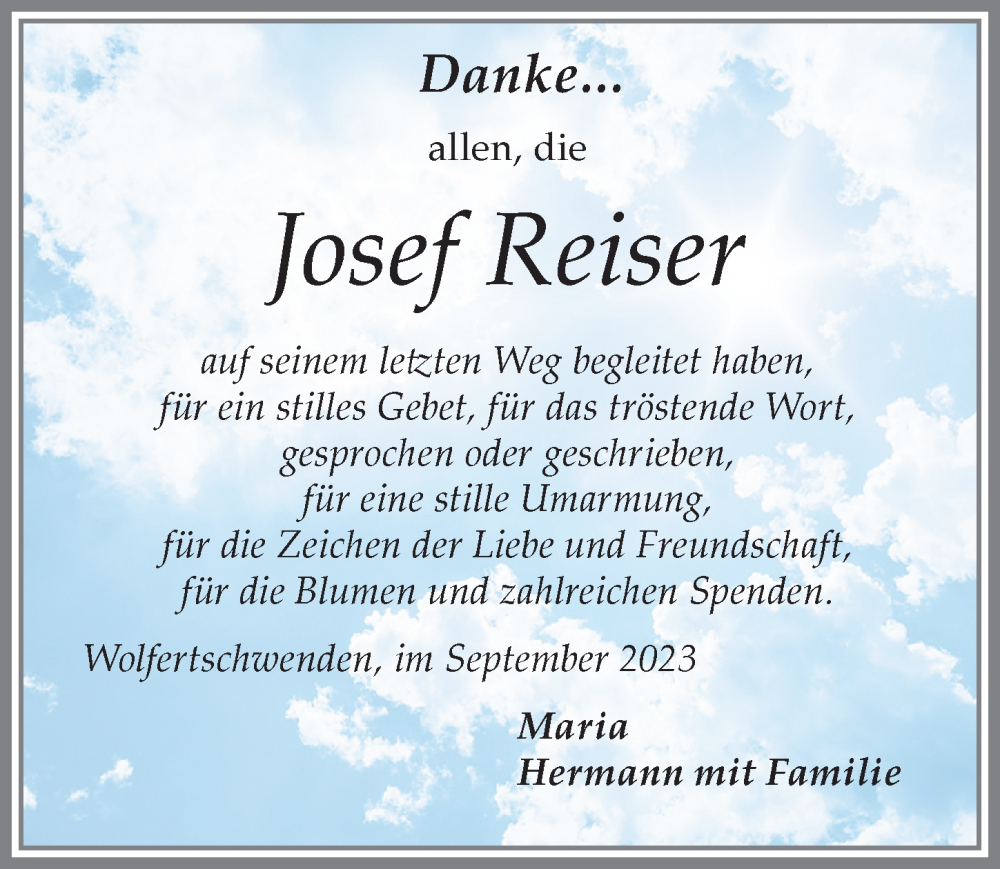  Traueranzeige für Josef Reiser vom 09.09.2023 aus Memminger Zeitung