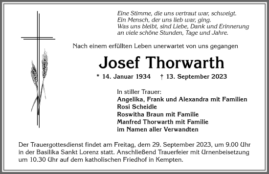 Traueranzeige von Josef Thorwarth von Allgäuer Zeitung,Kempten