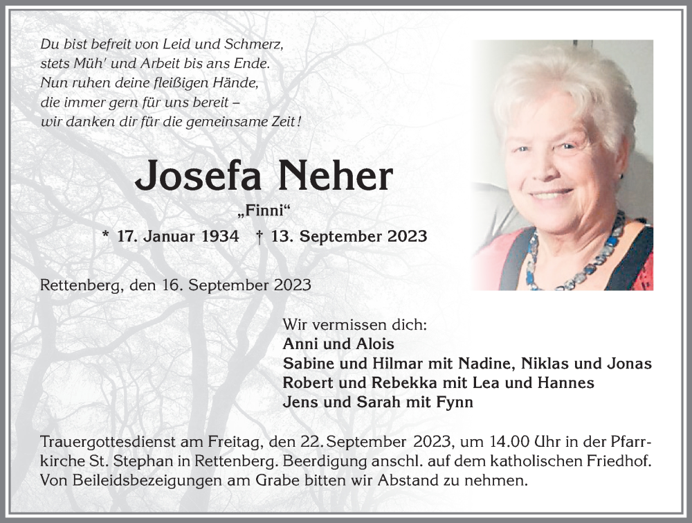  Traueranzeige für Josefa Neher vom 16.09.2023 aus Allgäuer Anzeigeblatt