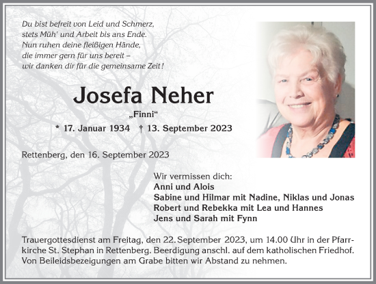 Traueranzeige von Josefa Neher von Allgäuer Anzeigeblatt