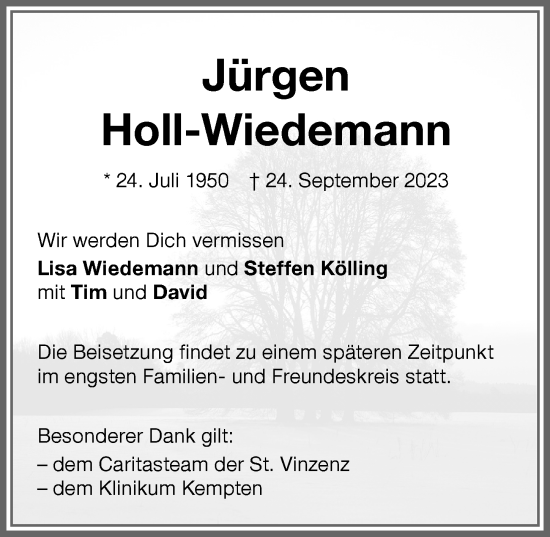 Traueranzeige von Jürgen Holl-Wiedemann von Allgäuer Zeitung,Kempten