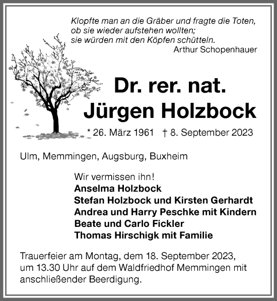 Traueranzeige von Jürgen Holzbock von Memminger Zeitung