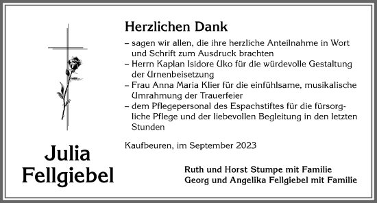 Traueranzeige von Julia Fellgiebel von Allgäuer Zeitung, Kaufbeuren/Buchloe