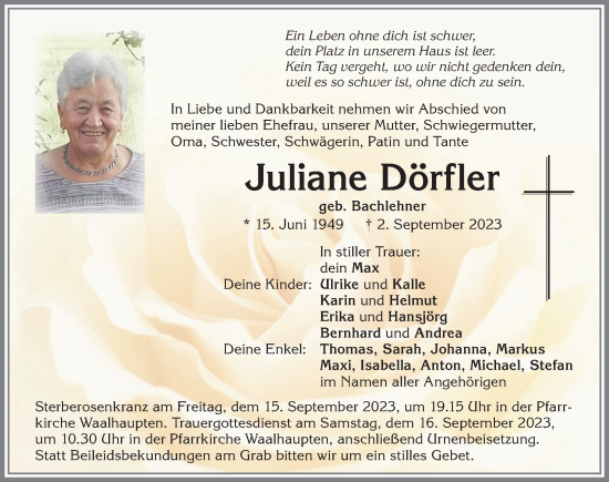 Traueranzeige von Juliane Dörfler von Allgäuer Zeitung, Kaufbeuren/Buchloe