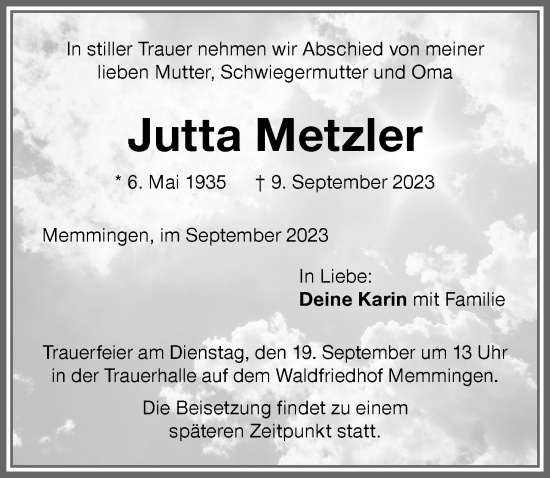 Traueranzeige von Jutta Metzler von Memminger Zeitung