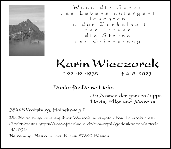 Traueranzeige von Karin Wieczorek von Allgäuer Zeitung, Füssen