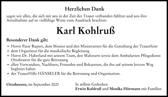 Traueranzeige von Karl Kohlruß von Memminger Zeitung