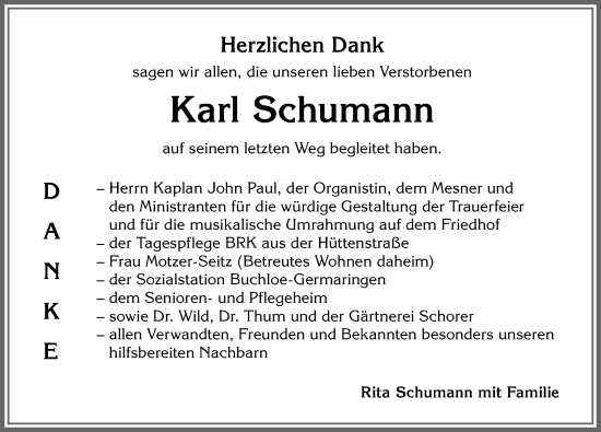Traueranzeige von Karl Schumann von Allgäuer Zeitung, Kaufbeuren/Buchloe