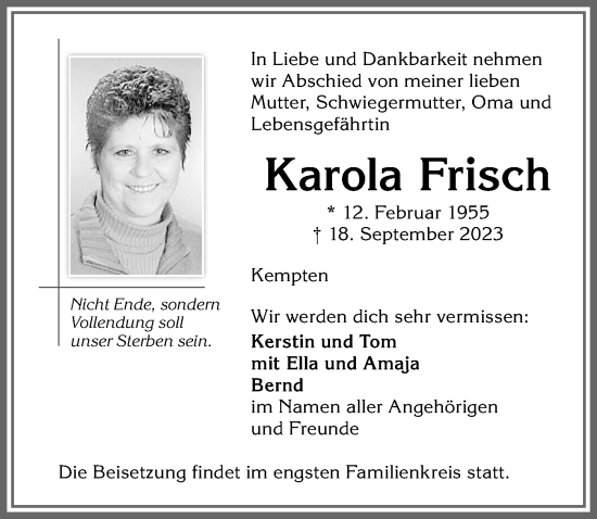 Traueranzeige von Karola Frisch von Allgäuer Zeitung,Kempten