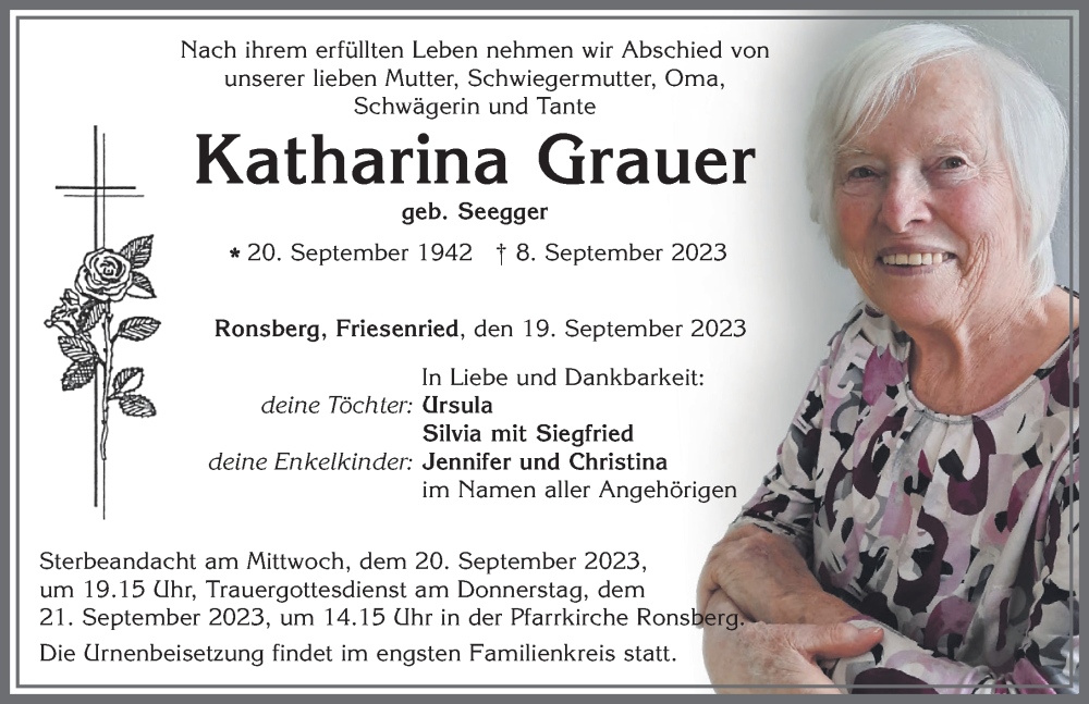  Traueranzeige für Katharina Grauer vom 19.09.2023 aus Allgäuer Zeitung, Marktoberdorf