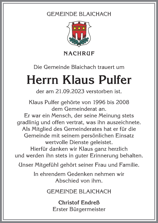 Traueranzeige von Klaus Pulfer von Allgäuer Anzeigeblatt