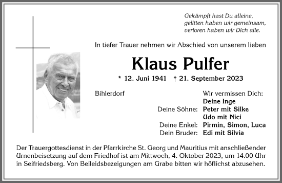 Traueranzeige von Klaus Pulfer von Allgäuer Anzeigeblatt