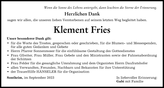 Traueranzeige von Klement Fries von Memminger Zeitung