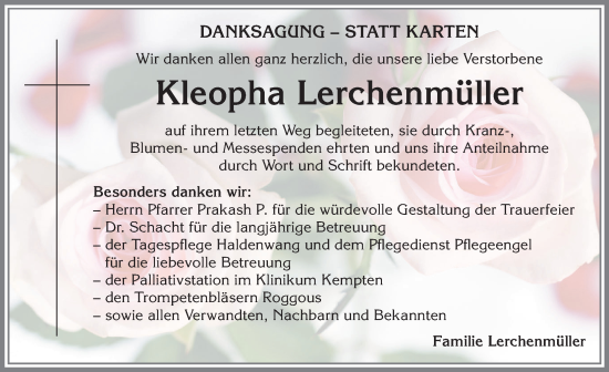 Traueranzeige von Kleopha Lerchenmüller von Allgäuer Zeitung,Kempten