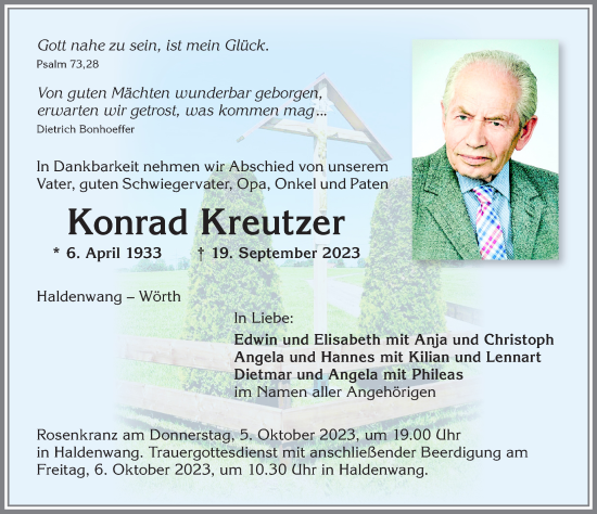 Traueranzeige von Konrad Kreutzer von Allgäuer Zeitung,Kempten