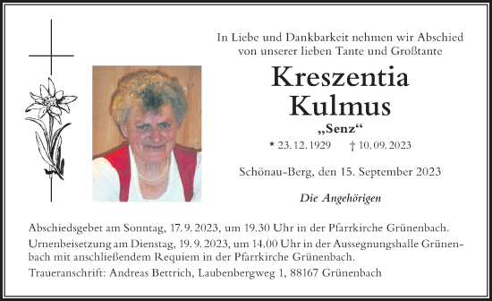 Traueranzeige von Kreszentia Kulmus von Der Westallgäuer