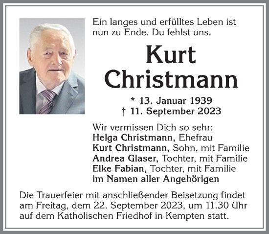 Traueranzeige von Kurt Christmann von Allgäuer Zeitung,Kempten