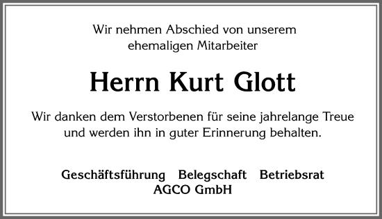Traueranzeige von Kurt Glott von Allgäuer Zeitung, Marktoberdorf