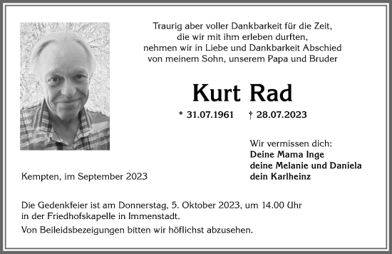 Traueranzeige von Kurt Rad von Allgäuer Zeitung,Kempten