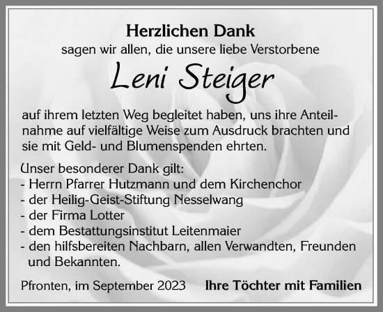 Traueranzeige von Leni Steiger von Allgäuer Zeitung, Füssen
