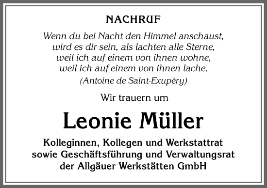 Traueranzeige von Leonie Müller von Allgäuer Anzeigeblatt