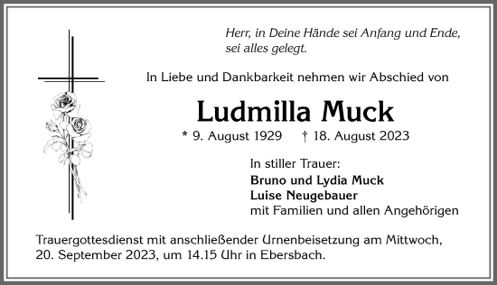 Traueranzeige von Ludmilla Muck von Allgäuer Zeitung, Marktoberdorf