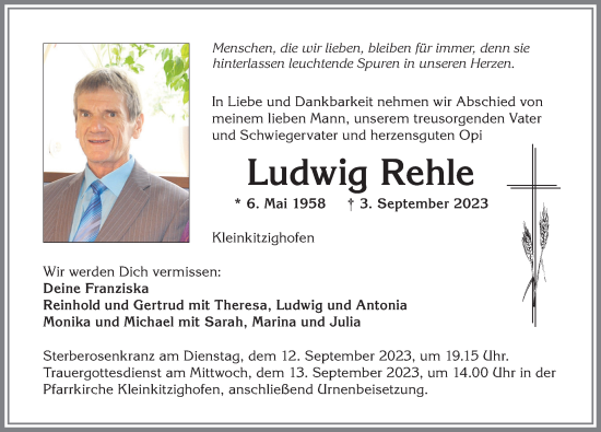 Traueranzeige von Ludwig Rehle von Allgäuer Zeitung, Kaufbeuren/Buchloe