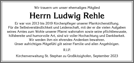Traueranzeige von Ludwig Rehle von Allgäuer Zeitung, Kaufbeuren/Buchloe