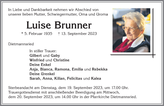Traueranzeige von Luise Brunner von Allgäuer Zeitung,Kempten