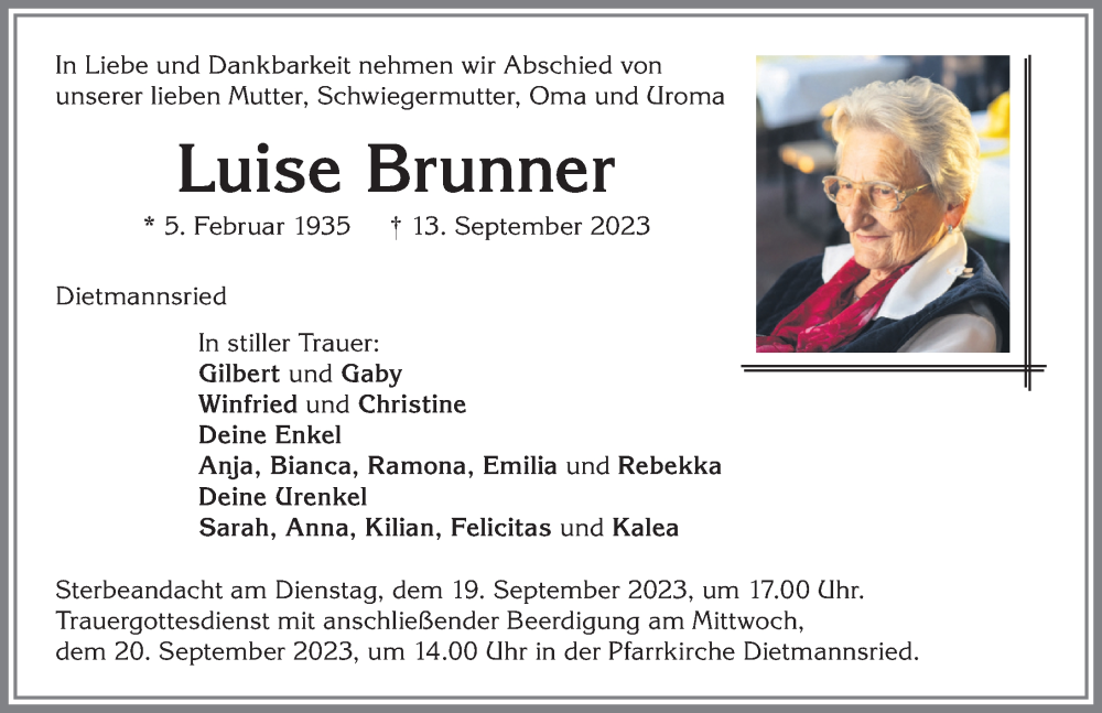  Traueranzeige für Luise Brunner vom 16.09.2023 aus Allgäuer Zeitung,Kempten