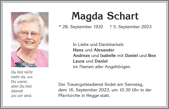 Traueranzeige von Magda Schart von Allgäuer Zeitung,Kempten