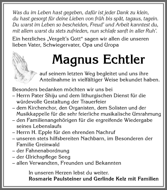 Traueranzeige von Magnus Echtler von Allgäuer Zeitung, Marktoberdorf