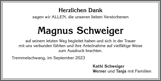 Traueranzeige von Magnus Schweiger von Allgäuer Zeitung, Marktoberdorf