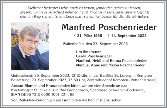 Traueranzeige von Manfred Poschenrieder von Allgäuer Zeitung,Kempten