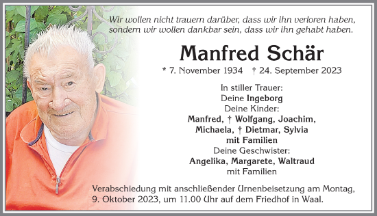 Traueranzeige von Manfred Schär von Allgäuer Zeitung, Kaufbeuren/Buchloe