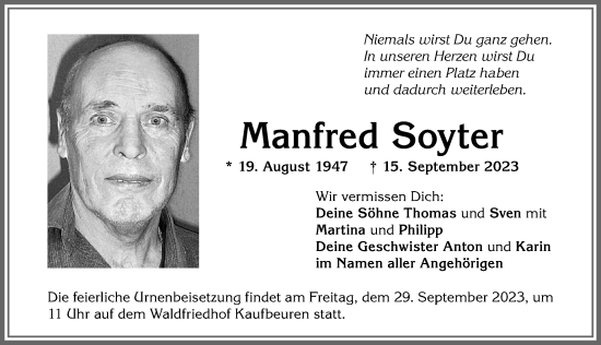 Traueranzeige von Manfred Soyter von Allgäuer Zeitung, Kaufbeuren/Buchloe