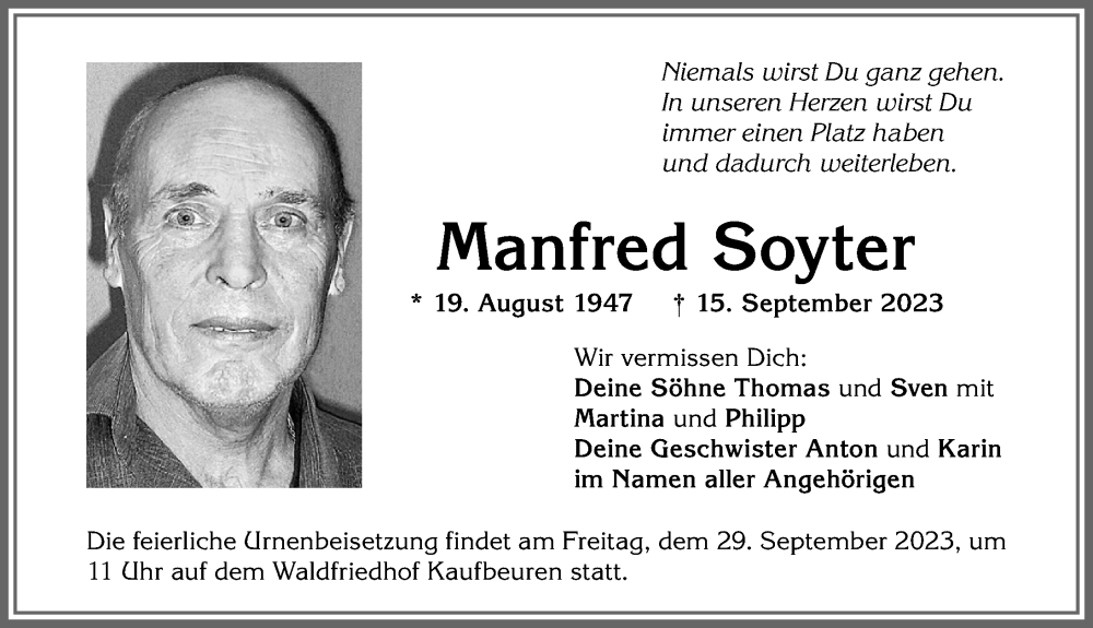  Traueranzeige für Manfred Soyter vom 20.09.2023 aus Allgäuer Zeitung, Kaufbeuren/Buchloe