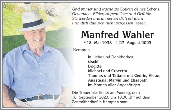 Traueranzeige von Manfred Wahler von Allgäuer Zeitung,Kempten