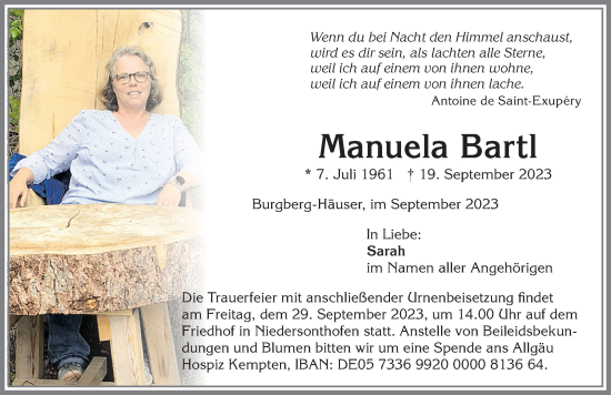 Traueranzeige von Manuela Bartl von Allgäuer Anzeigeblatt