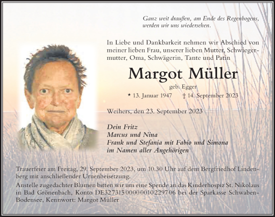Traueranzeige von Margot Müller von Der Westallgäuer