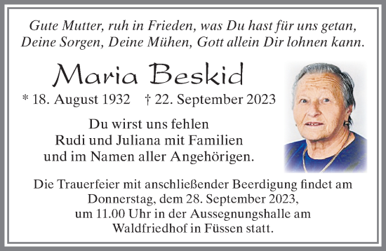 Traueranzeige von Maria Beskid von Allgäuer Zeitung, Füssen