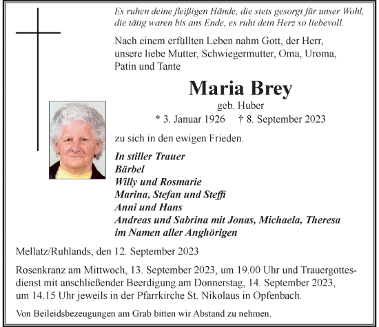 Traueranzeige von Maria Brey von Der Westallgäuer