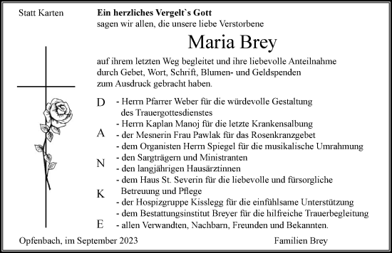 Traueranzeige von Maria Brey von Der Westallgäuer